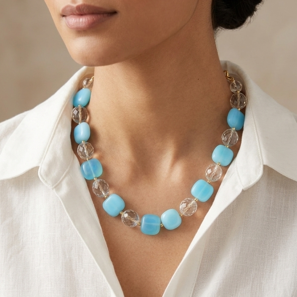 Blue Beaded Statement Necklace - Elegant Aqua Glass Beads